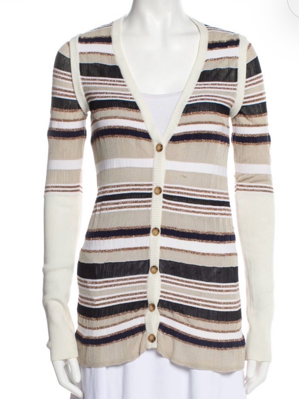 10 Crosby Derek Lam Striped V-Neck Button Cardigan in Cream, Tan, Black